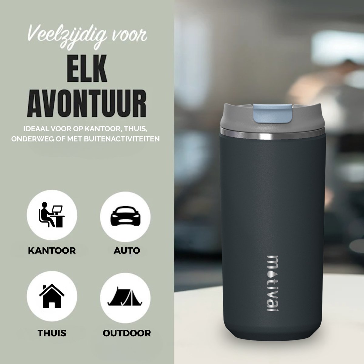 Motivai Daily Cup – Thermosbeker To Go – 350ML RVS Thermosmok – Lekvrij – Dubbelwandig Geïsoleerd – BPA-vrij & Duurzaam – Koffiebeker voor Onderweg – Zwart — cadeau in Koken & Dineren - foto 3