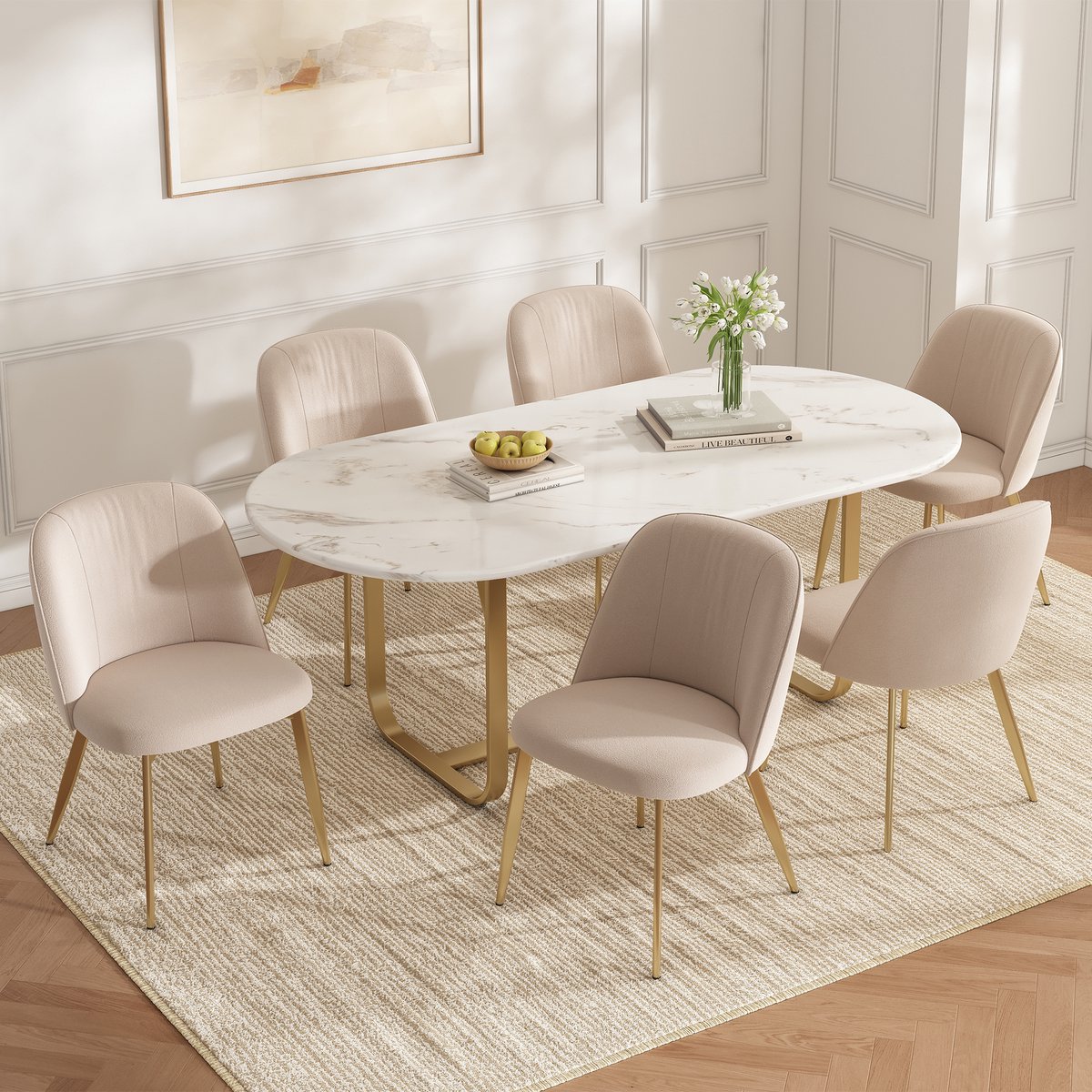 HAUSS SPOLE Eetkamerstoel - Luxe Fluwelen Design - Set Van 2 - Comfortabel Met Ergonomische Rugleuning - Metaal Beige
