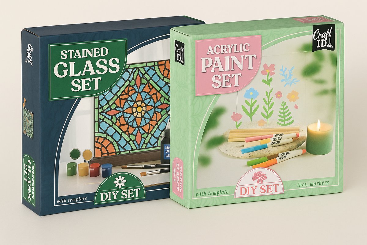 Craft ID DIY Verfset voor Volwassenen 2in1 – Glas Schilderen en Acryl Marker Set – Inclusief Glasplaat, Verf, Sjabloon en Houten Standaard – Knutselpakket