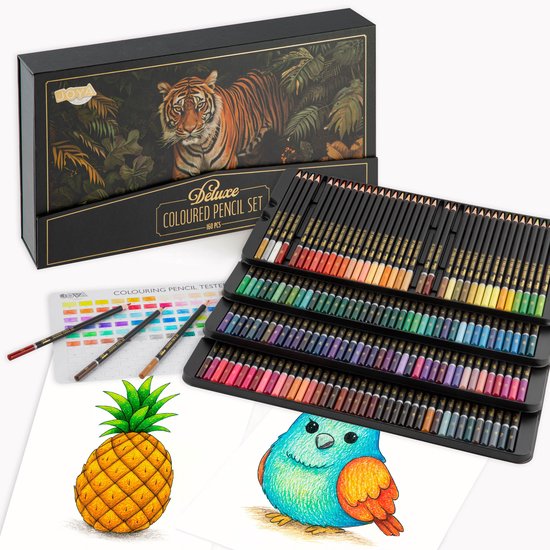 JOYA Deluxe Kleuren Potlood Set met 160 stuks, inclusief testerkaart en tekeningen van een ananas en een vogel.