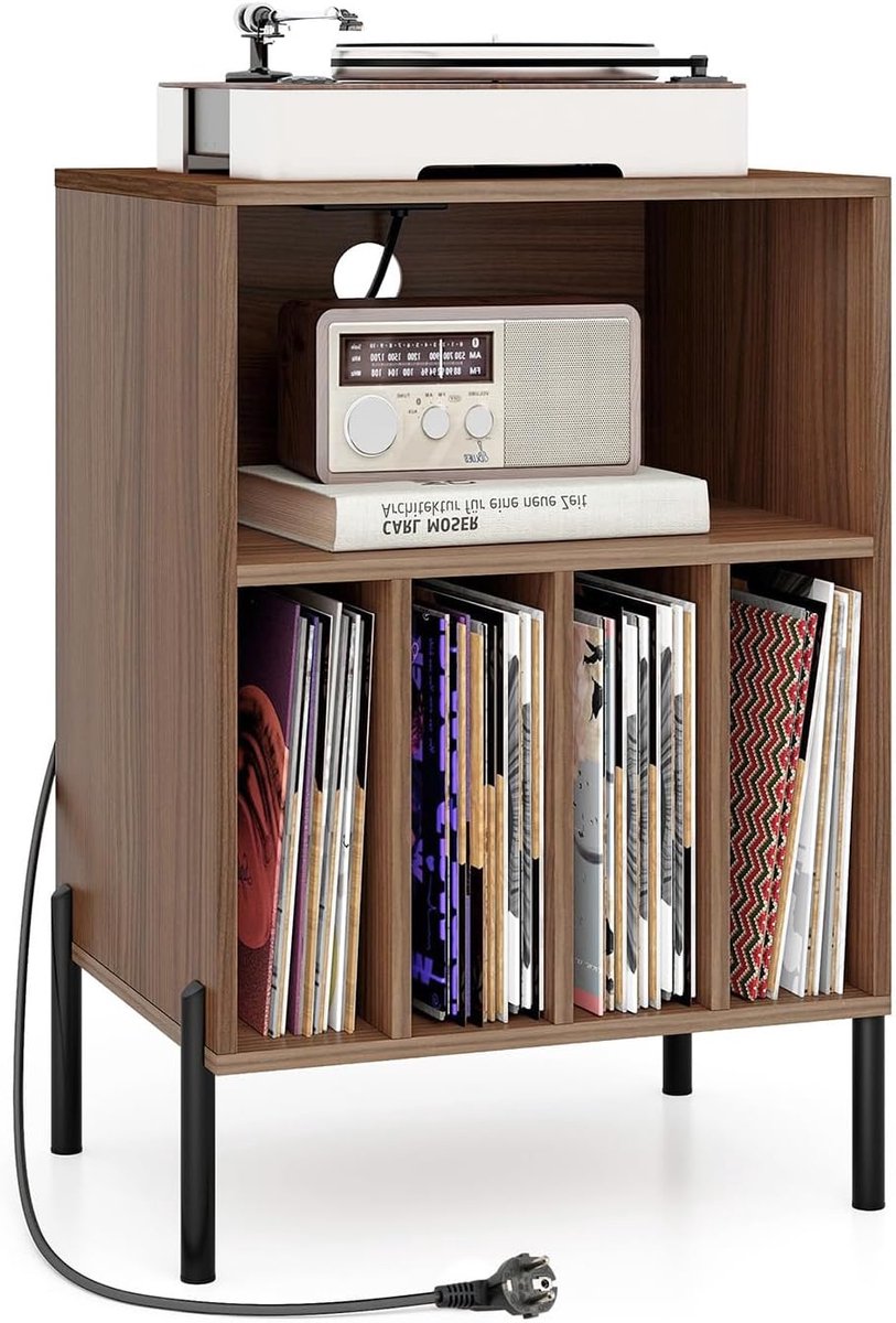 Platenspeler Stand met Laadstation - Platenspeler Meubel - Vinyl Opbergsysteem voor 150 LP's - Houten Platenkast met 5 Open Vakken - LP Record Holder - Tafel voor Draaitafel & Printer - Audio Bijzettafel Woonkamer & Kantoor - Walnoot