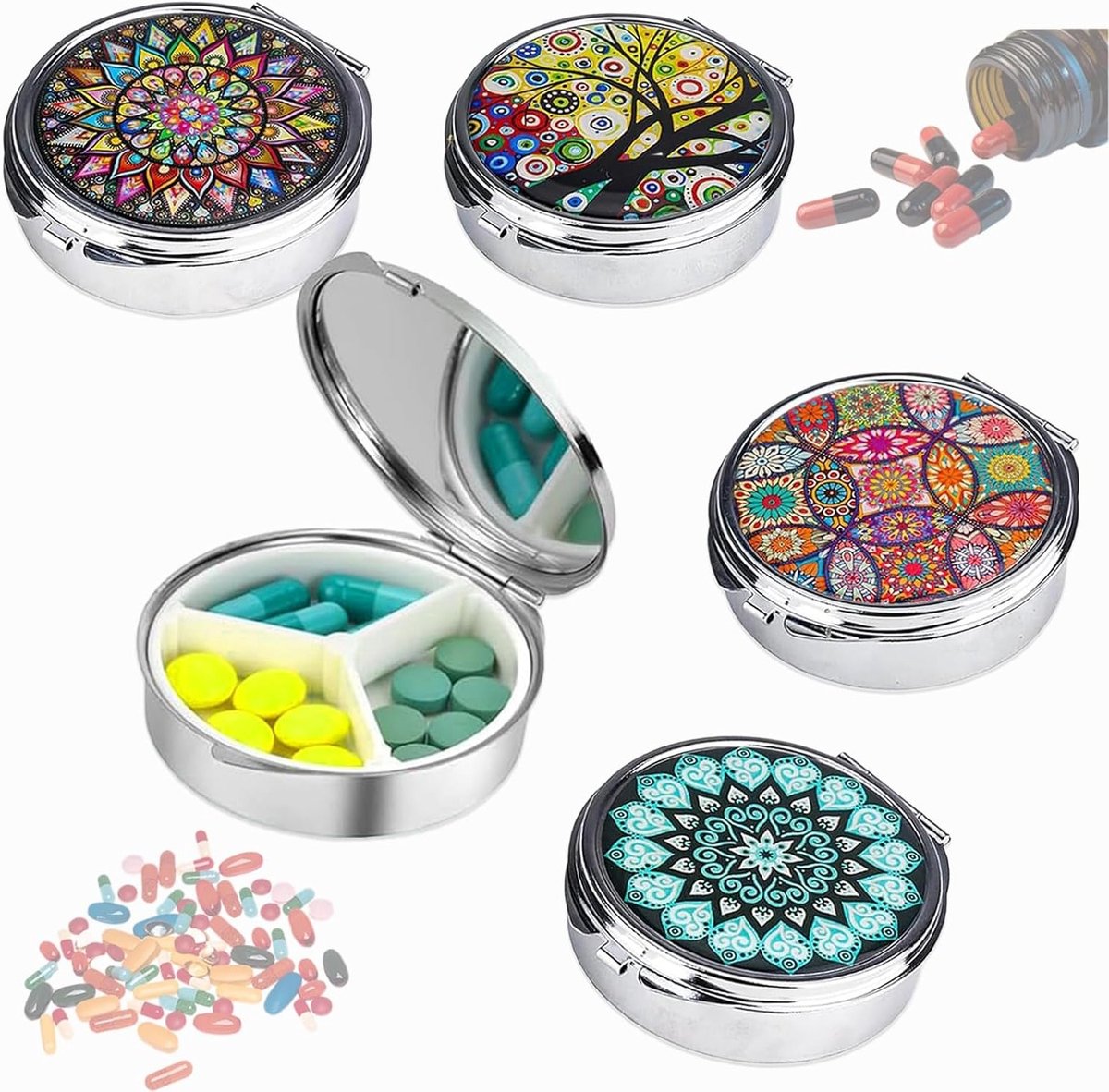 Set van 4 Kleine Pillendozen met Spiegel, Decoratieve Metalen Pillendozen voor Reizen, 3 Compartimenten, Rond, Handig voor Vrouwen en Dagelijks Gebruik