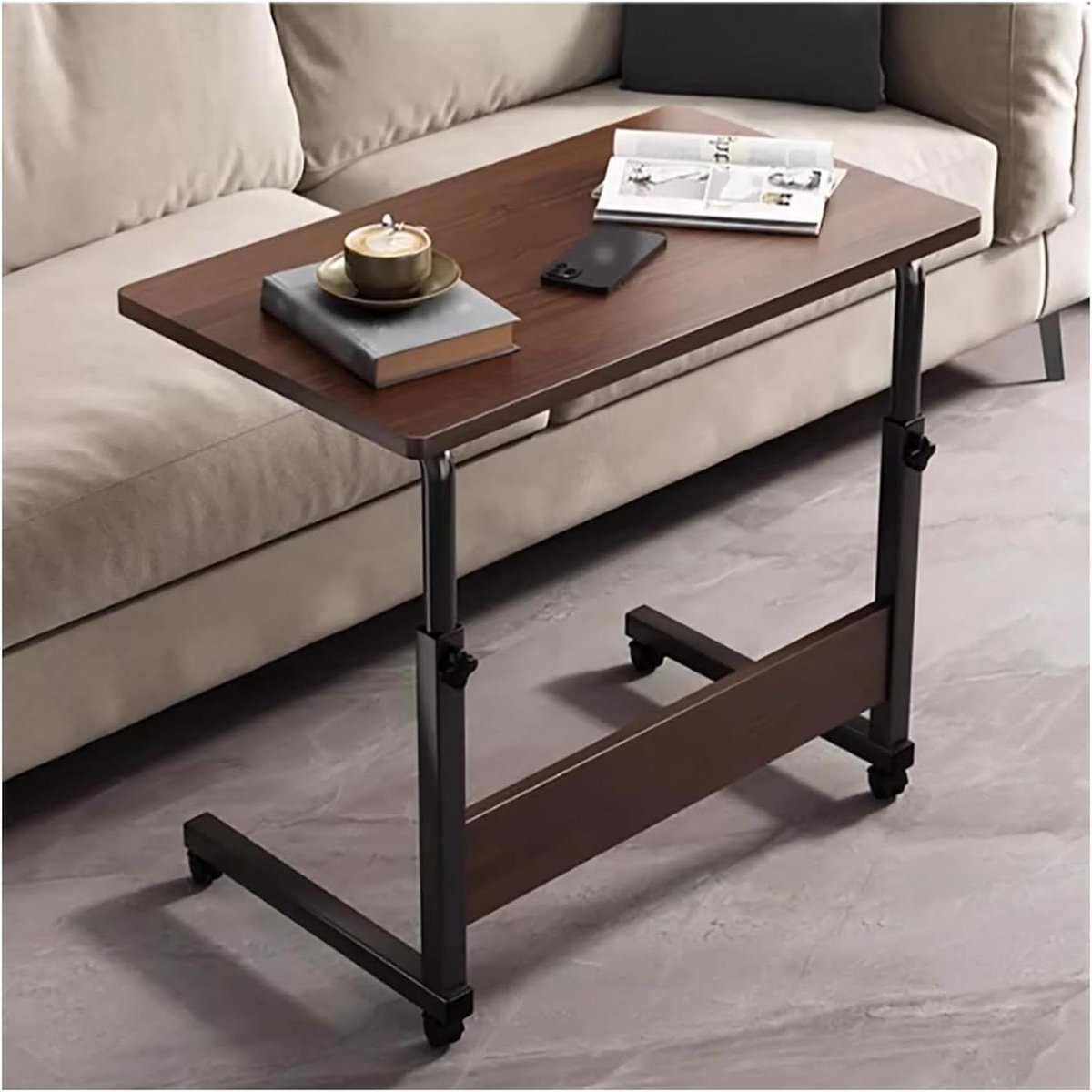 Verstelbare bijzettafel - Laptoptafel C-vorm - Werken en eten - Verrijdbaar en in hoogte verstelbaar - 80x40 cm - Bruin