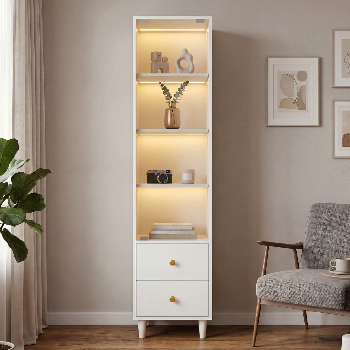 Vitrinekast met LED - 165x40x35 cm wit - gouden handgrepen - glazen deuren en 2 laden - smal hoogformaat