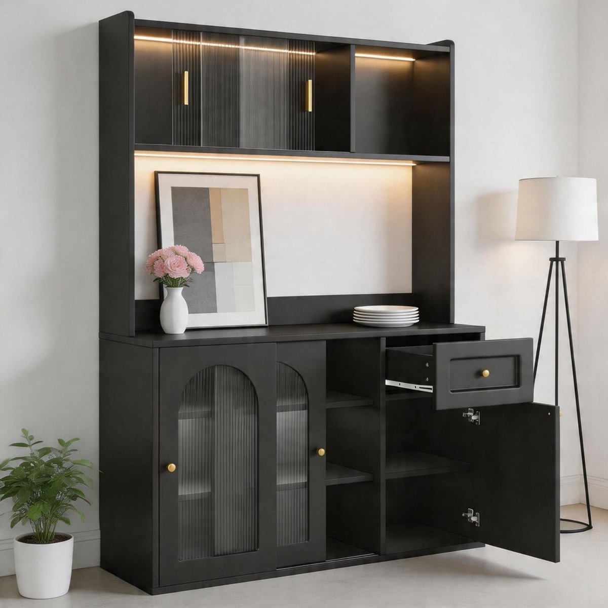 Komhtom - Keukenkast en hoge vitrinekast - Buffetkast met verstelbare planken - Eetkamerkast en dressoir - Met LED-verlichting - Zwart