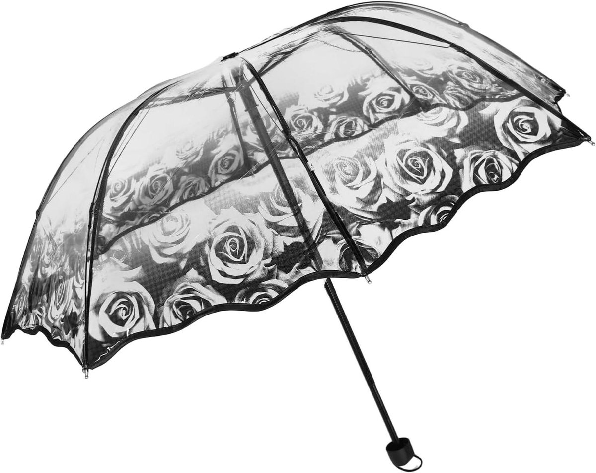 Transparante Paraplu - Klap paraplu - Regenbescherming - Zwarte rozenprint - 98 cm breed - Zwart