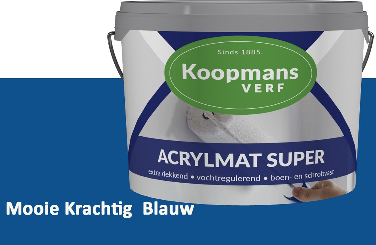 Koopmans Acrylmat Super Matte Muurverf – Professionele Binnenmuurverf en Buitenmuurverf – Reukarm en Afwasbaar – Mooie Krachtig Blauw – 1 liter