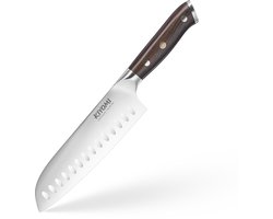 Kiyomi Santokumes 18 cm - Professioneel Keukenmes - Duits X50CrMoV15 Staal - Vlijmscherp Chefmes - Ergonomisch Pakkahouten Handvat