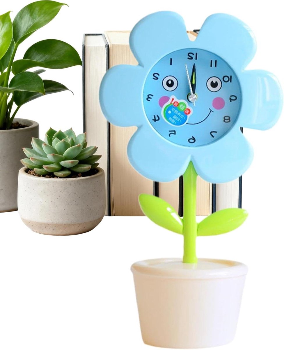 Wekker Bloempot - Stille Klok - Kinderkamer Decoratie - Opbergvak - 15 cm breed - Blauw