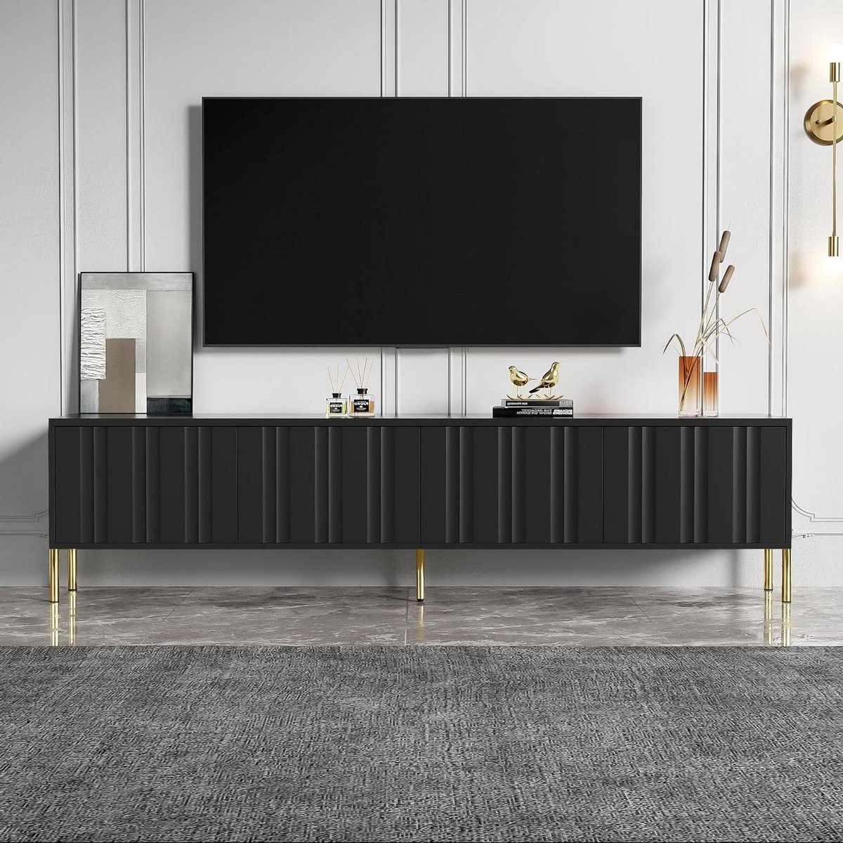 TV Kast - Mediabureau Dressoir - Woonkamer Opbergen - Verticale Groeven Design - 190 cm - Zwart