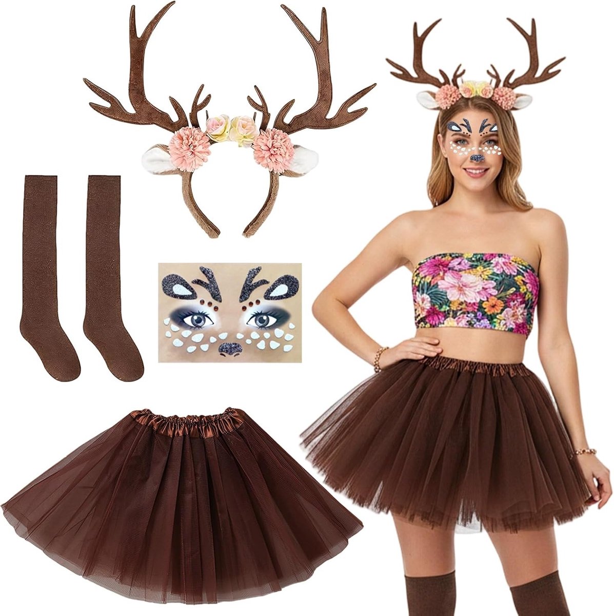 Dames Herten Kostuum met Tulle Rok, Bruine Antlers, Hoofdband, Sokken en Gezichtstickers voor Carnaval en Feestjes