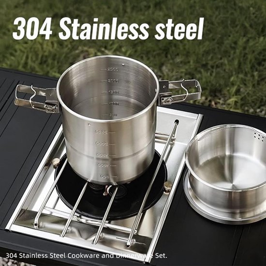 Camping Kookgerei Set - Kampvuur Pan - Buiten Koken - Sterk Roestvrij Staal - 7-delig - Zilver — afbeelding 2