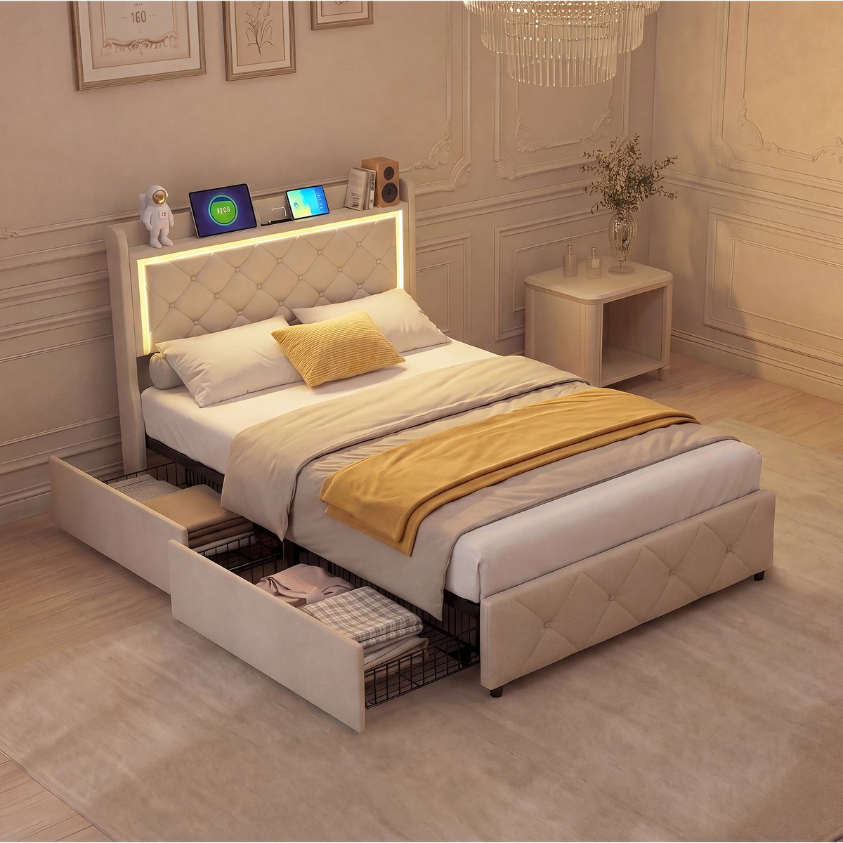 ROSAHQNDA Eenpersoonsbed - 90x200cm - met LED-lichtstrip - USB-oplaadpoort - opberglade - beige fluwelen hoofdbord - stijlvol en eenvoudig - matras niet inbegrepen