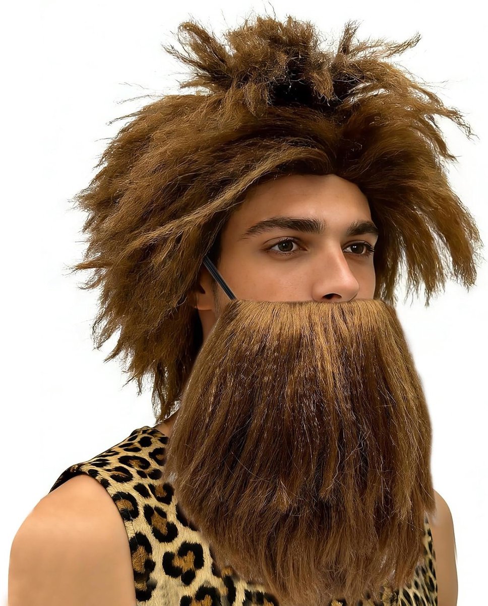 Langharige Mannenperruque met Snor en Viking Baard - Krullend Haar voor Carnaval, Halloween en Cosplay, Bruin