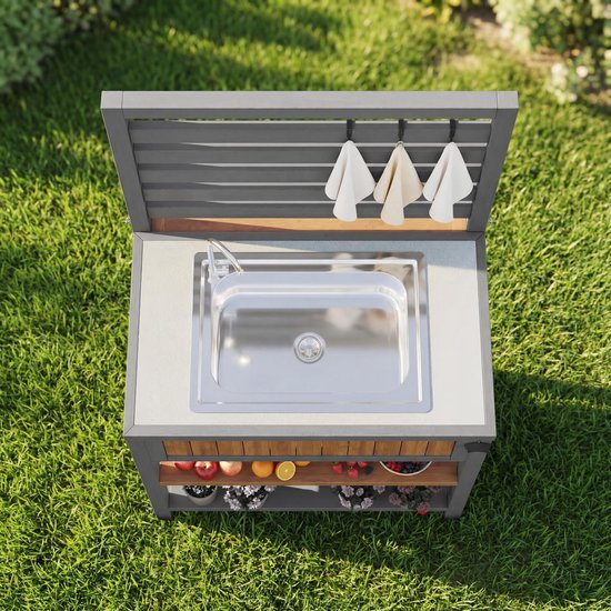 Tuinkast Hout - Buitenkast Grillstation - Outdoor Keuken - Waterbekken Met Kraan - 80 x 51 x 119 cm - Natuurhoutkleur — afbeelding 2