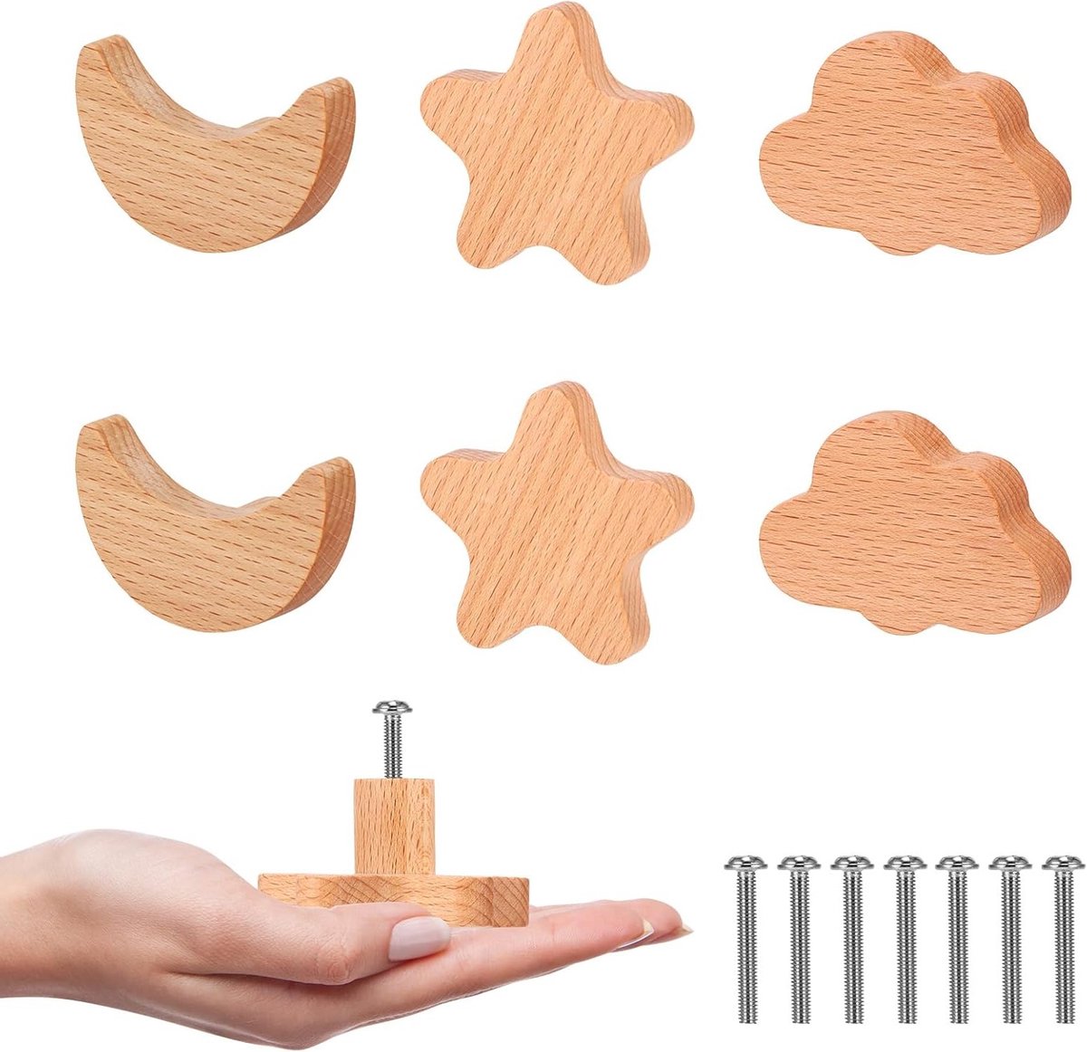 6 Stuks Houten Kastknoppen in Ster, Wolk en Maan Design voor Meubels, Deuren en Lades - Perfect voor Kinderkamer, Slaapkamer en Keuken met Schroeven Inbegrepen