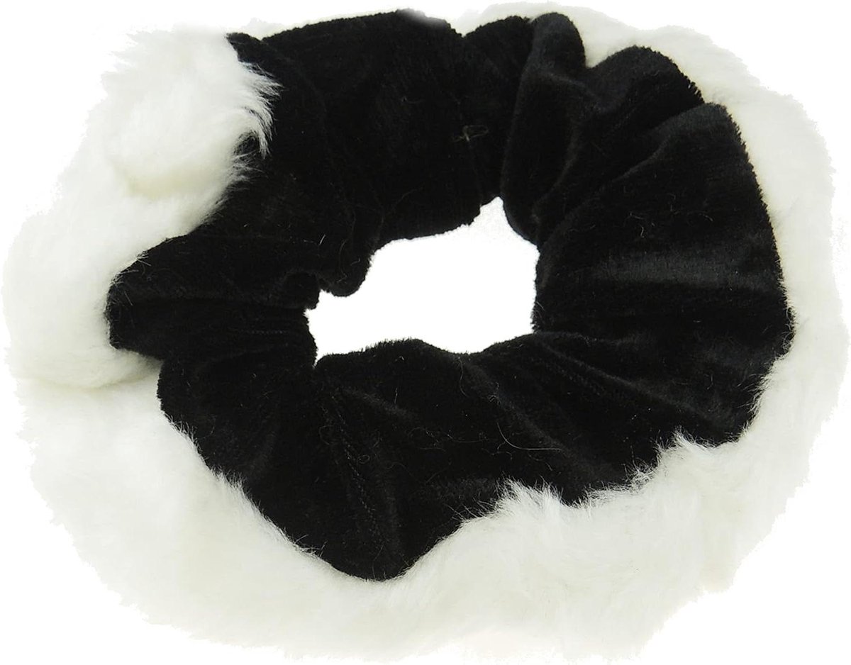 Haar Scrunchie - Haarelastiek - Feestelijke Stijl - Pluche Kerstman - 10 x 8 x 1 cm - Zwart & Wit