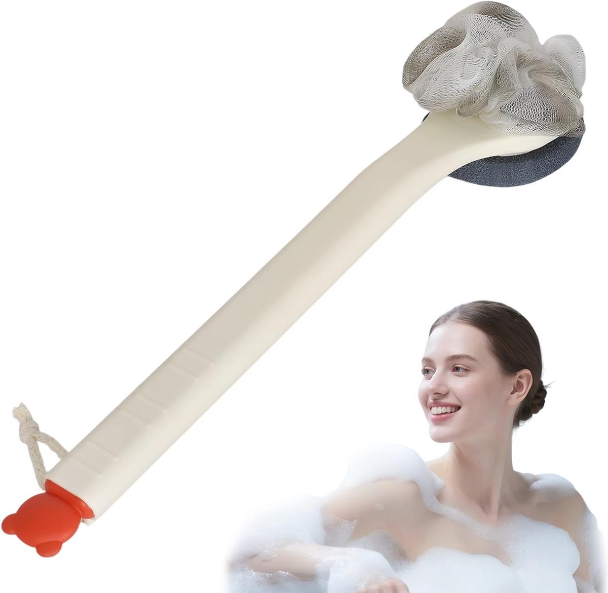 Exfoliërende Rugborstel met Lange Handgreep, Dubbelzijdige Doucheborstel voor Lichaam en Voeten, Ideaal voor Bad en Douche, 38 cm, Off-White