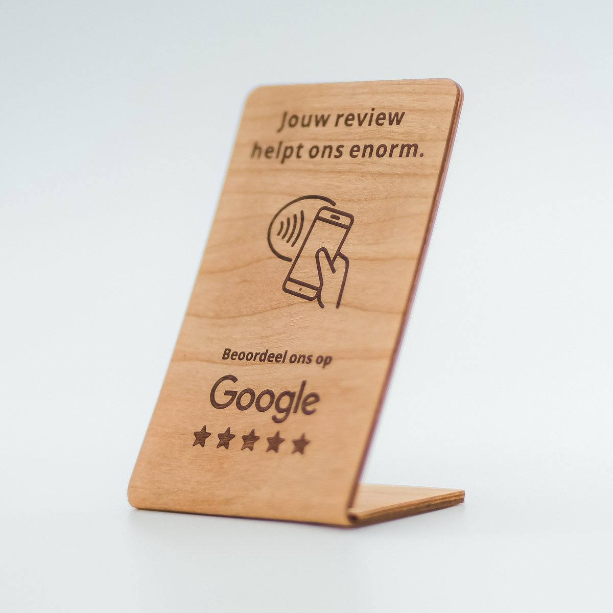 Happy Cards - Houten Google Review Kaart - NFC reviewkaart in kersenhout - ‘Jouw review helpt ons enorm.’