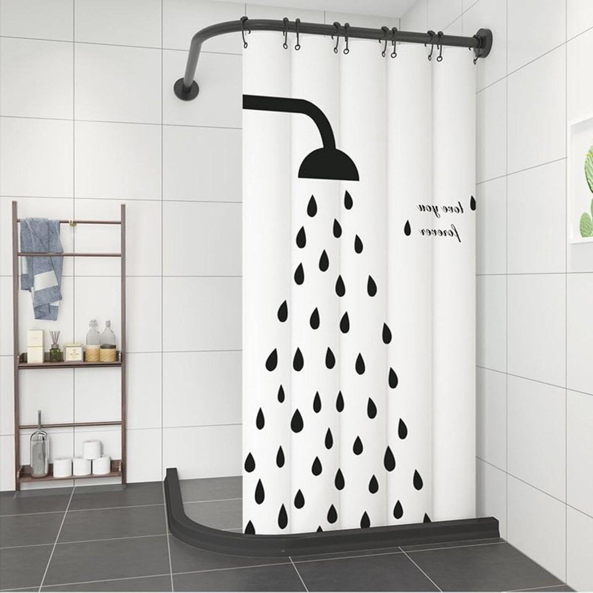 Douchegordijnstang Set - L-vorm Stang - Douchen Zonder Natte Vloer - Magnetische Waterstop - 70-95x105-165 cm - Zwart