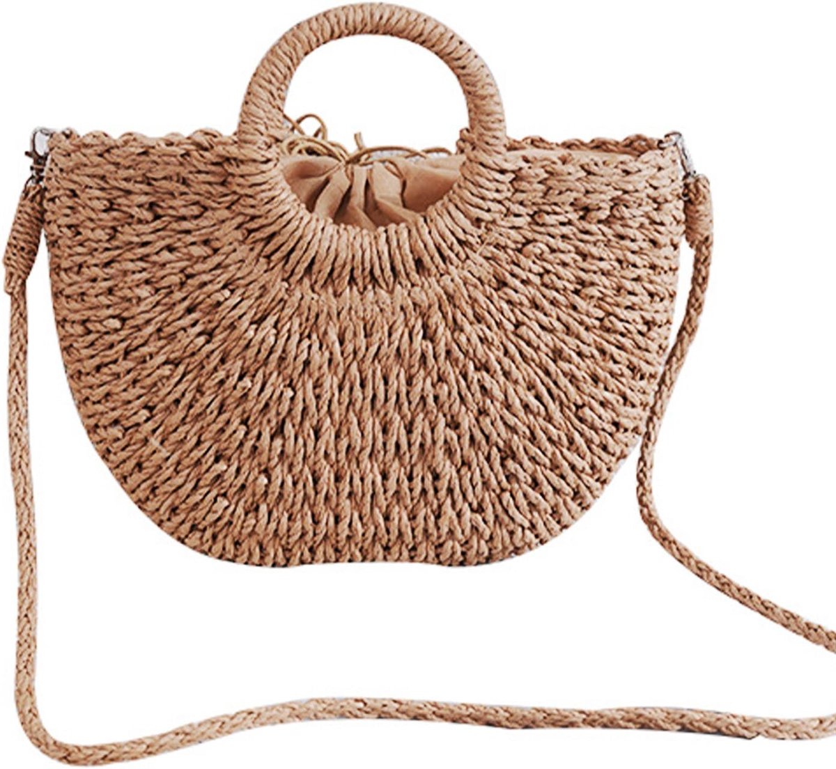 Handgeweven rieten strandtas voor dames, perfect voor zomer, reizen en kamperen, met afneembare schouderband en stijlvolle bruine kleur