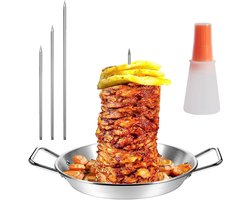 Kebab Plate and Skewer, 10 Inch Stainless Steel Vertical Skewer, Kebab Pan with 3 Sizes Removable Spikes and Oil Bottle Brush for Whole Chicken, Fish, Sausage, Steak Maker
