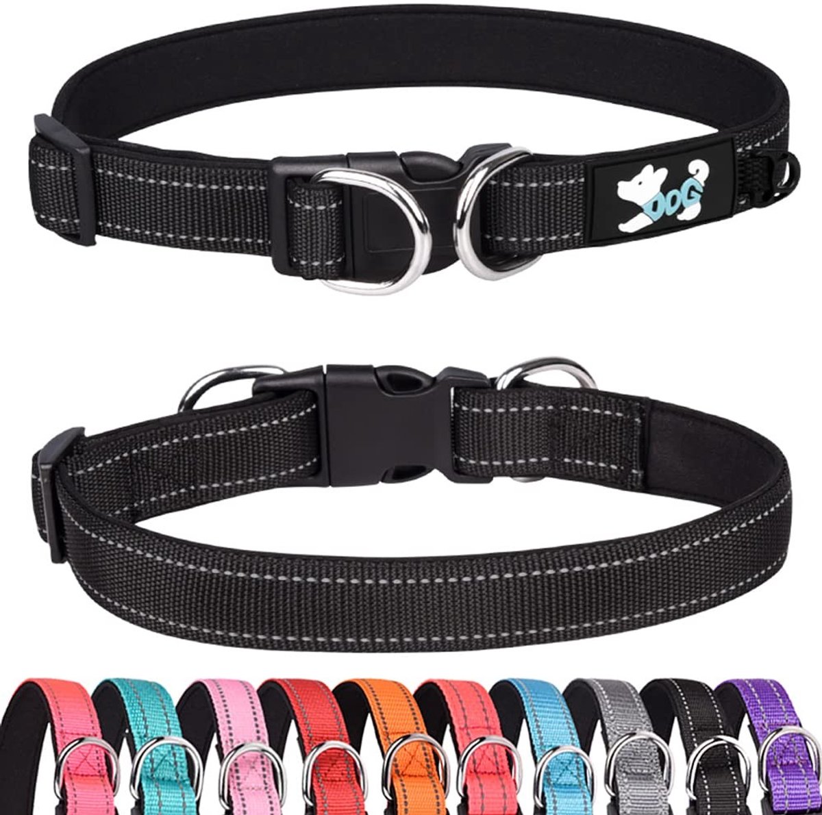 Dailygoody - Gewatteerde halsband - Reflecterende halsbanden - Comfortabel en verstelbaar - Zwart - Hondenhalsband - Geschikt voor kleine middelgrote