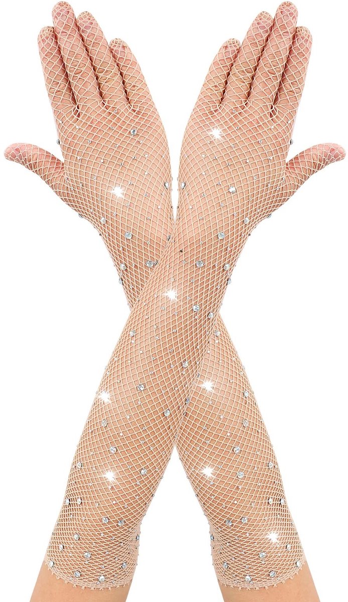 Dailygoody - lange visnethandschoenen - mesh handschoenen - glinsterend ontwerp - regenboogkleurige strass - avondfeest - dames - 47 cm lang