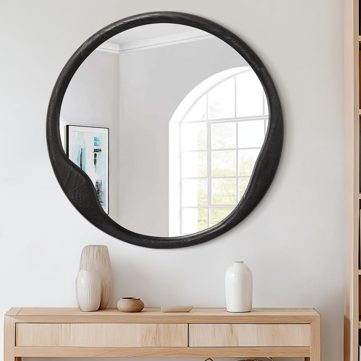 Ronde houten wandspiegel voor woonkamer, slaapkamer en entree - 50 cm zwart, perfect voor decoratie en stijl