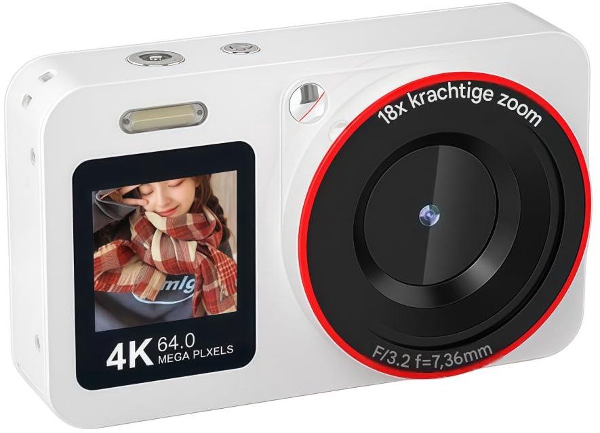 carmdering - Digitale Camera - 4K Camera - Vlogging Camera - 64MP foto's, 2,8 inch dubbel scherm, 18x zoom - AF autofocus, ingebouwde flitser - USB-C, 1200 mAh - Kan als webcam - Wit - Perfect voor beginners en tieners