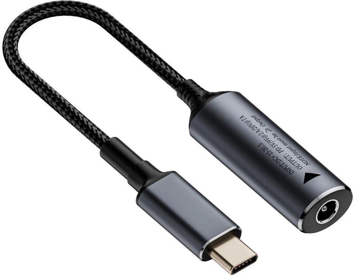 DrPhone PowerBridge 5525 – DC 5.5x2.5 Female naar USB-C Male PD Adapter – 140W – Zwart