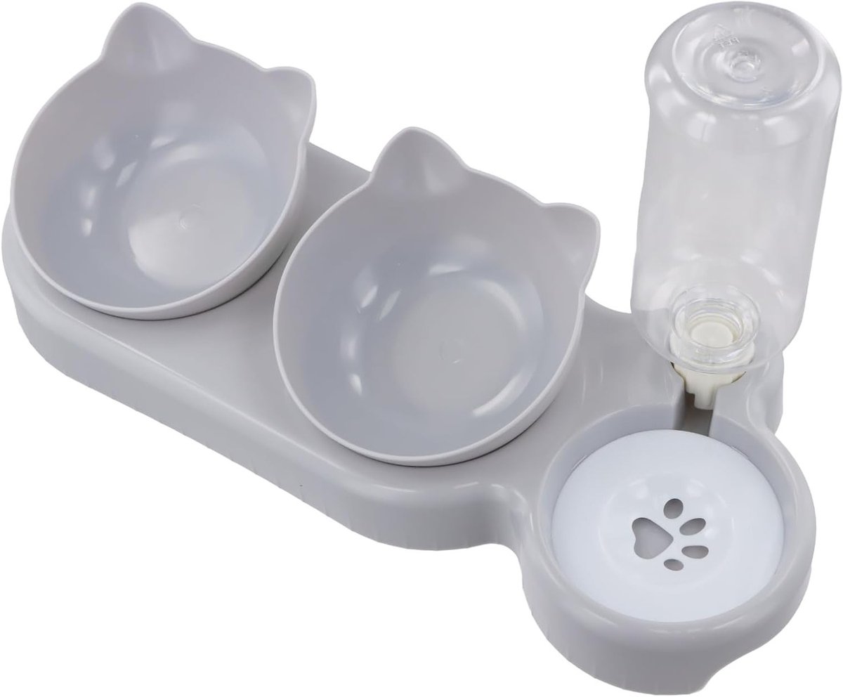 3-in-1 Kattenvoerautomaat met 15° Hellingshoek, Bescherming van de Wervelkolom, Water- en Voer Scheiding, 500ml Waterdispenser, Afneembare Onderdelen en Duurzaam Plastic