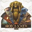 Doos met archeologische thema: gouden beeld van een aap bedekt oren, scenes van ontdekkingsreizen. Archeos Society.