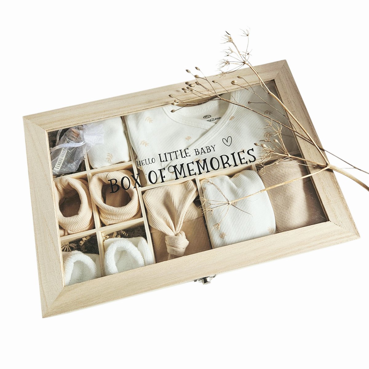 Gepersonaliseerd Kraamcadeau Unisex Beige Wit - baby geschenkset neutraal - herinneringsdoos baby - kraamcadeau - baby memorie box - babyshower cadeau - babycadeau - 10 in 1 kado - cadeau met naam