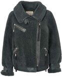 Veste biker en shearling vert foncé avec fermeture éclair asymétrique et détails en cuir au col et aux poignets.