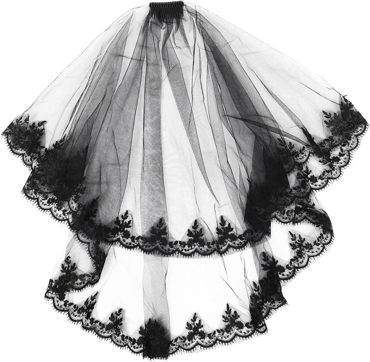 Bruidssluier Kort - Bruidsaccessoire Haar - Bruiloft Aankleding - Elegante Kant - 80 cm - Zwart