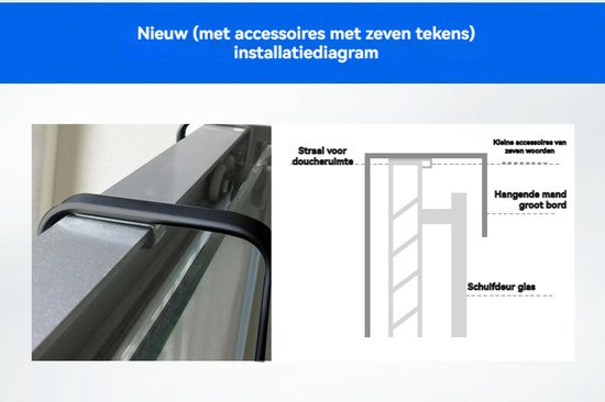 Installatietabel douche, met uitleg over de straal, kleine accessoires en de hangmand.