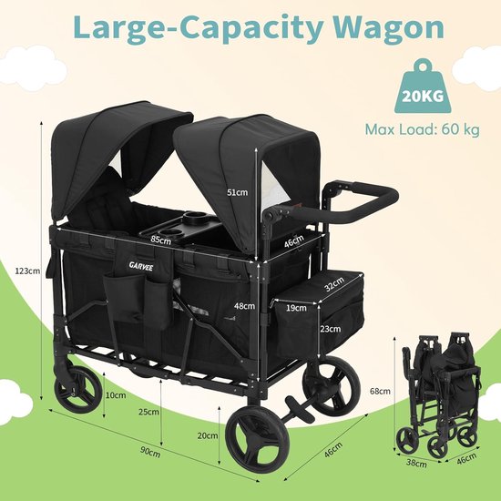 Opvouwbare Bolderkar voor 2 Kinderen - All-Terrain Wielen - Met Zonnekap & Snacktafel - 5-Punts Veiligheidsgordel - Max. 60kg - Zwart van Merkloos — afbeelding 5