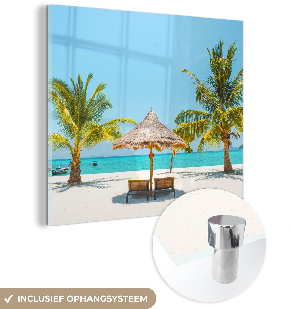 ® Glasschilderij 90x90 cm - Schilderij acrylglas - Strand - Parasol - Palmboom - Foto op g