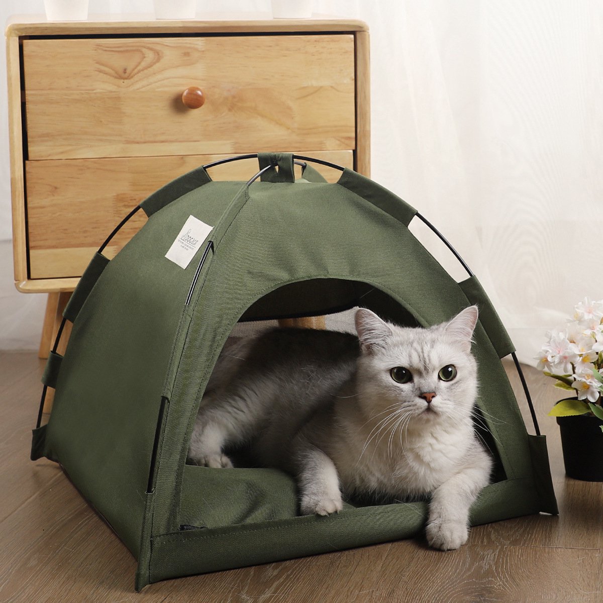 Ulisem - Kattentent - Binnen en buiten - Ademend gaas - Met stevig PVC frame - Zachte en koele kattenmand - Halfgesloten kattenhuis - Geschikt voor konijnen - Koepelontwerp - M
