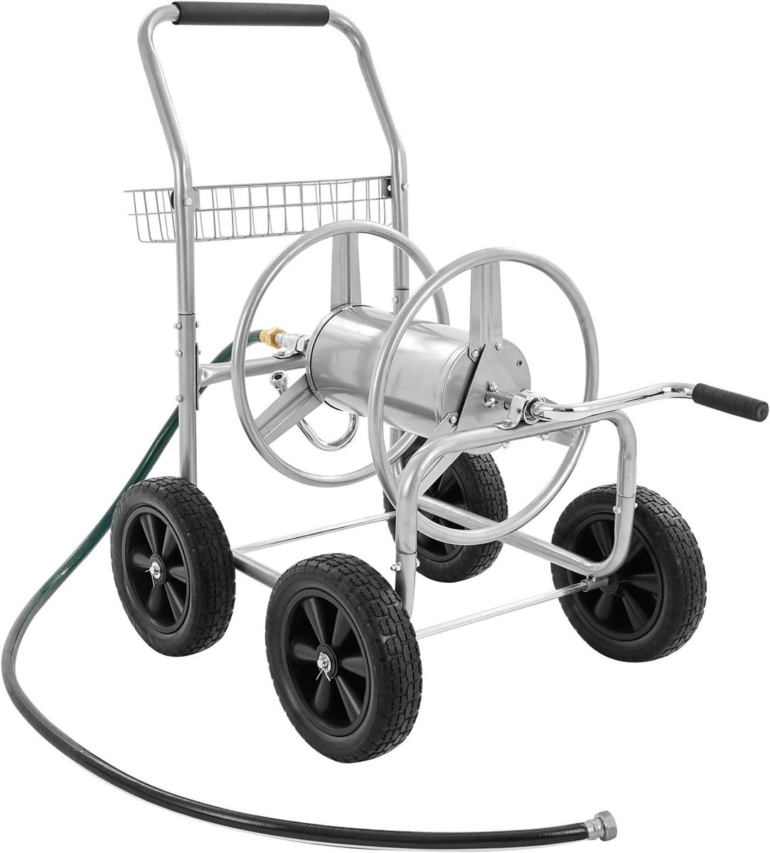 Slanghaspel Kar - Mobiele Trolley - Tuinonderhoud - Vier Stevige Wielen - 250 Voet Capaciteit - Zilverkleurig