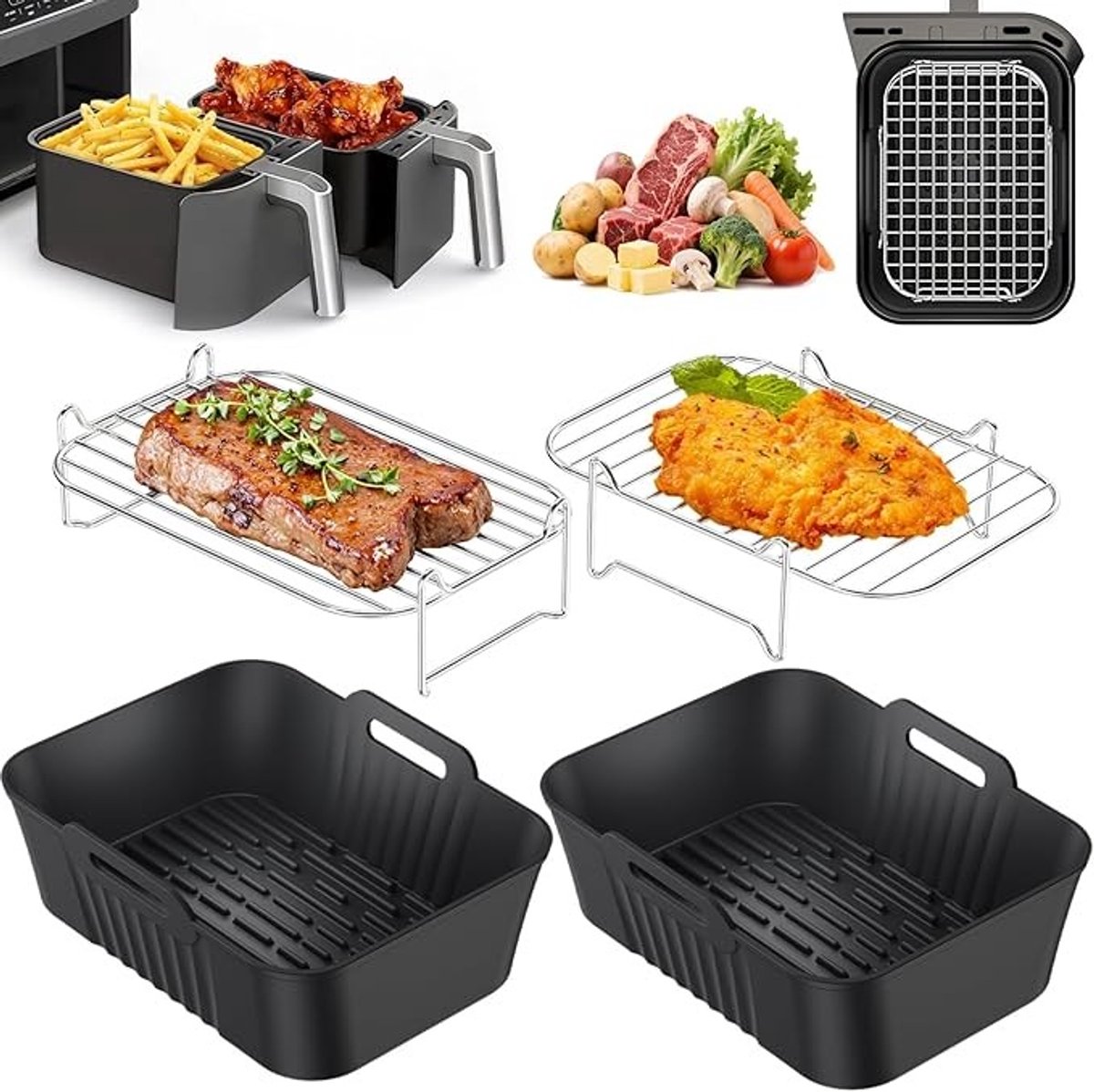 Airfryer Accessoires Set - 4 Delig - Siliconen Vormen & Roestvrijstalen Roosters