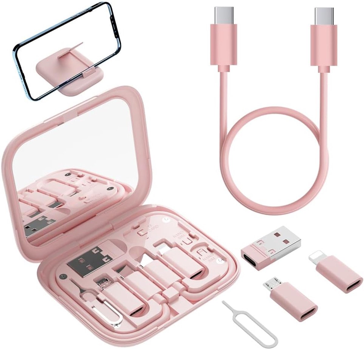 Oneay USB C naar USB A Adapter USB-C Reisadapterset voor iPhone, Pixel & Galaxy: USB-A naar C, Micro-USB naar C, Type-C naar Lightning, Korte USB-C-kabel, OTG, Spiegelhoesje - Roze