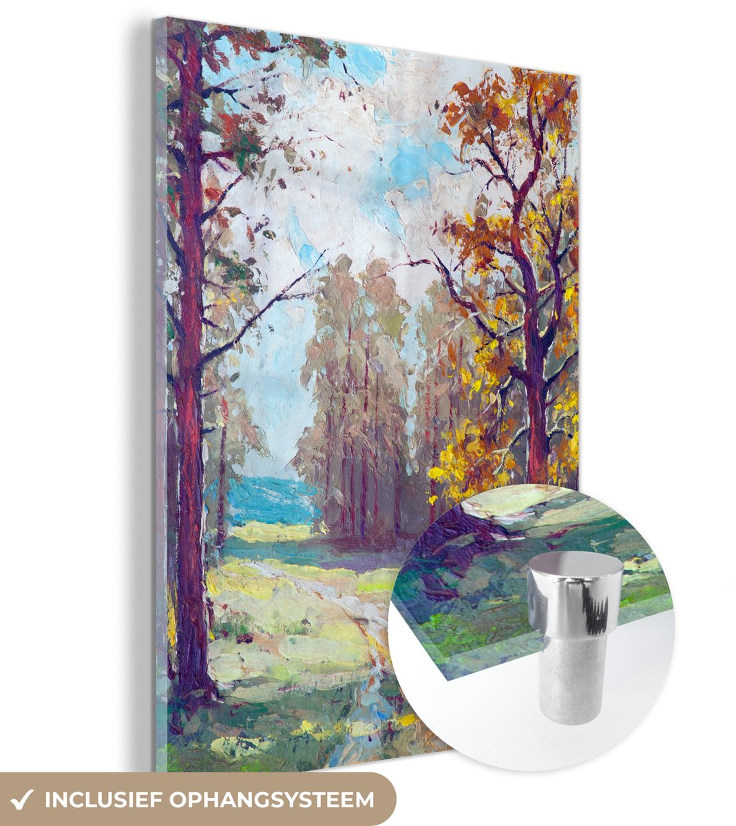 ® Glasschilderij 120x160 cm - Schilderij acrylglas - Bos - Landschap - Waterverf - Foto op glas - Muurdecoratie woonkamer - Wanddecoratie slaapkamer - Schilderijen