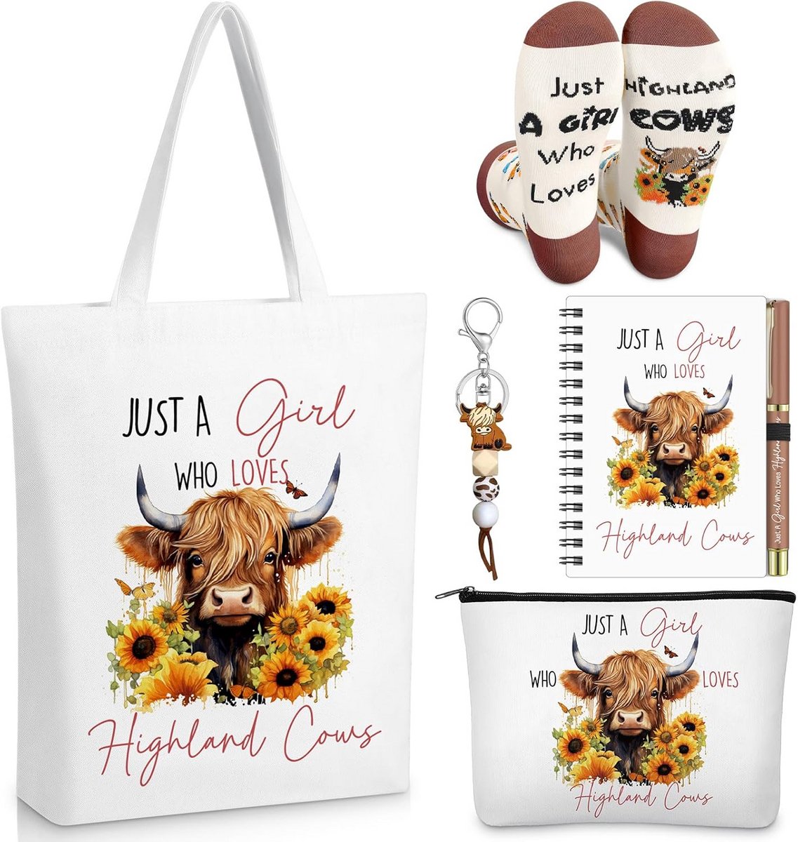Cadeauset 6-delig Schotse Hooglandkoe Thema: Tas, Make-up Tas, Notitieboek, Pen en Sokken