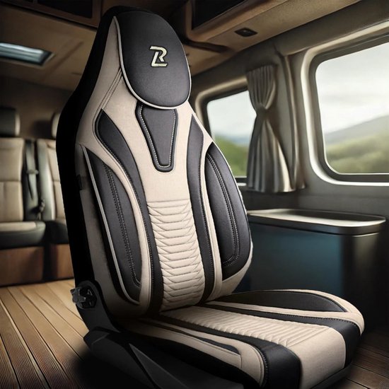 Set van 2 Stoelhoezen voor Camperbus Fiat Ducato, Peugeot Boxer, Citroen Jumper en Opel Movano - Beige Velours en Kunstleer — afbeelding 3