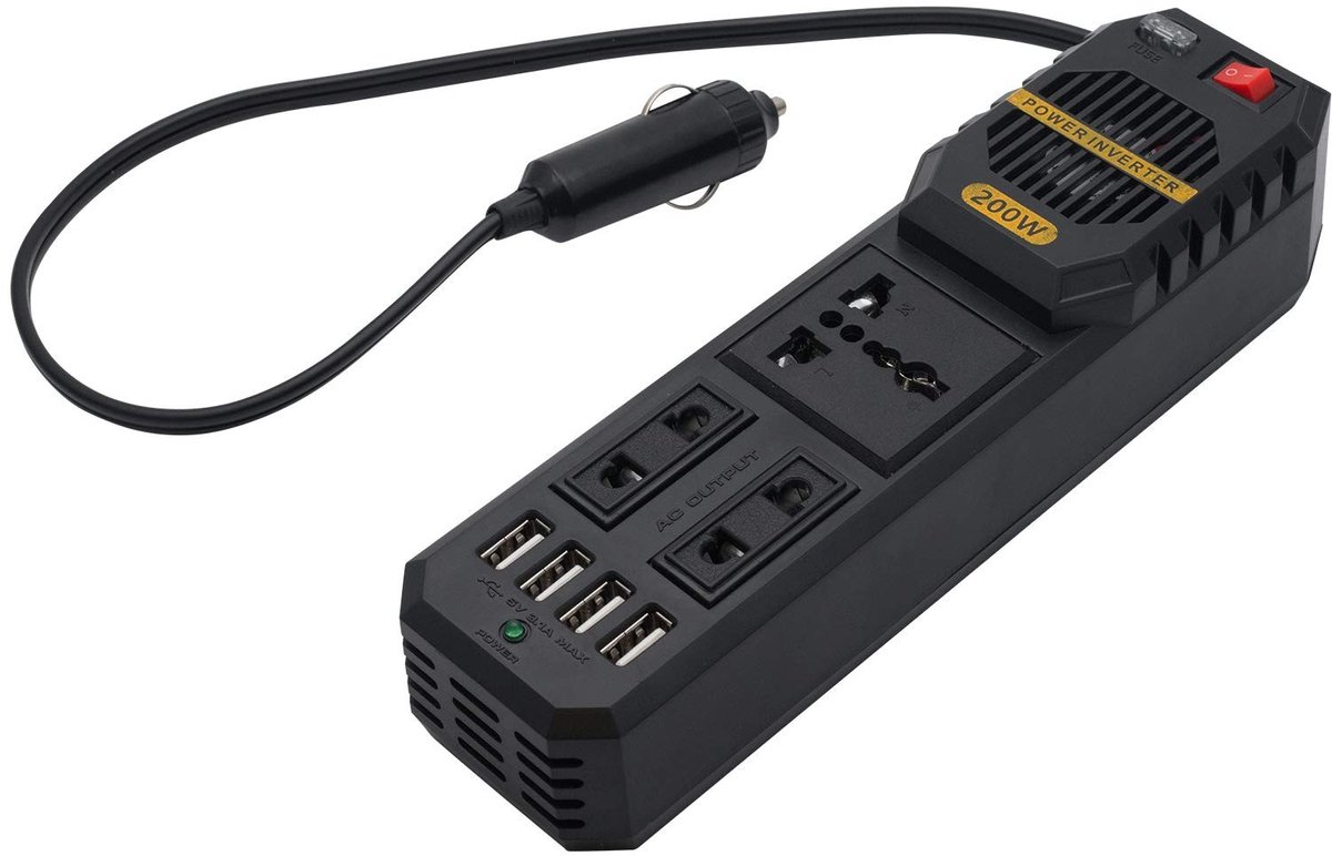 aladdien - 200W auto omvormer - DC naar AC converter - zwart - 4 USB-aansluitingen - ideaal voor onderweg - krachtig en compact