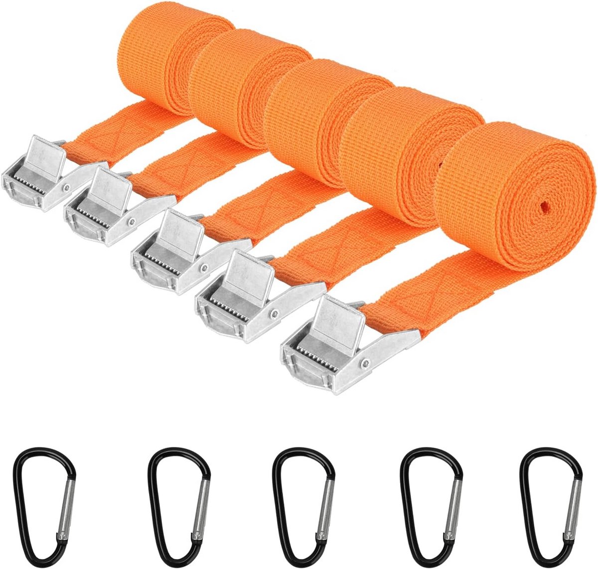 5 stuks Spanbanden - Verstelbaar met Karabijnhaken - Voor Auto Fiets Motor Bagage Camping - Oranje 25 mm x 1.5 m