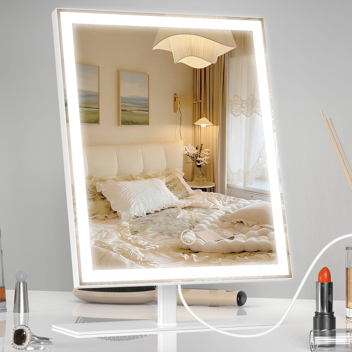 ANTENLICHT Make Up Spiegel 34x25CM - Dimbaar - Draaibaar - USB-C Oplaadpoort - 10x Vergroting - 3 lichtstanden - Dimbaar - Smart Touch - Spiegel met verlichting - Make Up Spiegel - Visagie spiegel - Wit