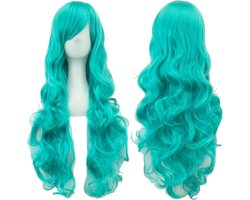 IMISSU 80 cm lang krullend natuurlijk haar cosplay pruik met pony kleurrijk Halloween kostuum feestpruiken voor vrouwen (zeeblauw)